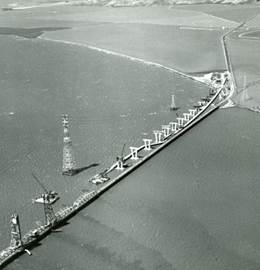 original Dumbarton Bridge with construction begun on its replacement
